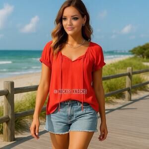 Old Navy Neon Coral Puff Sleeve Ruffle Tie Neck Blouse Top Lightweight Size S